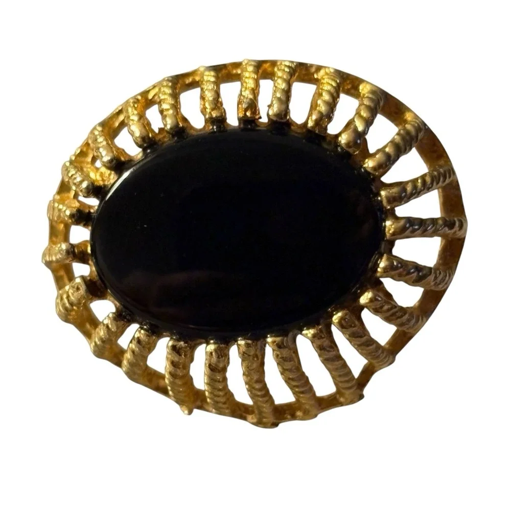 Vintage Destino Cufflinks‎ Black Center Gold Tone Oval Open Work Dome Design MCM